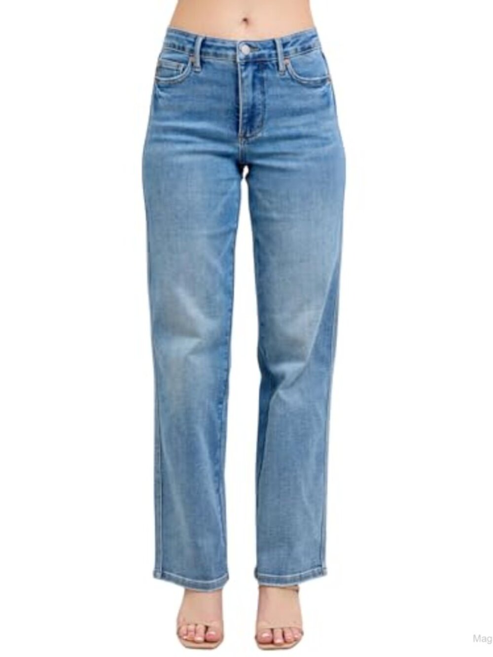 Mid Rise Tummy Control Vintage Wash Straight Leg Jeans Inseam 31"